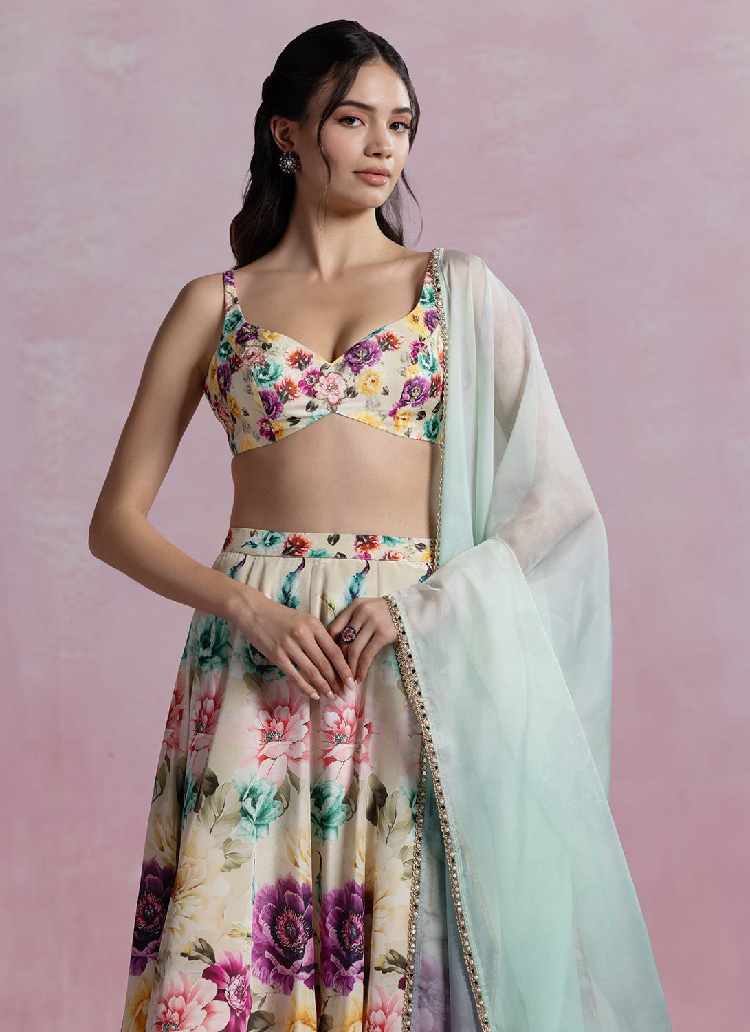 Off White Multicolor Floral Printed Crepe Lehenga