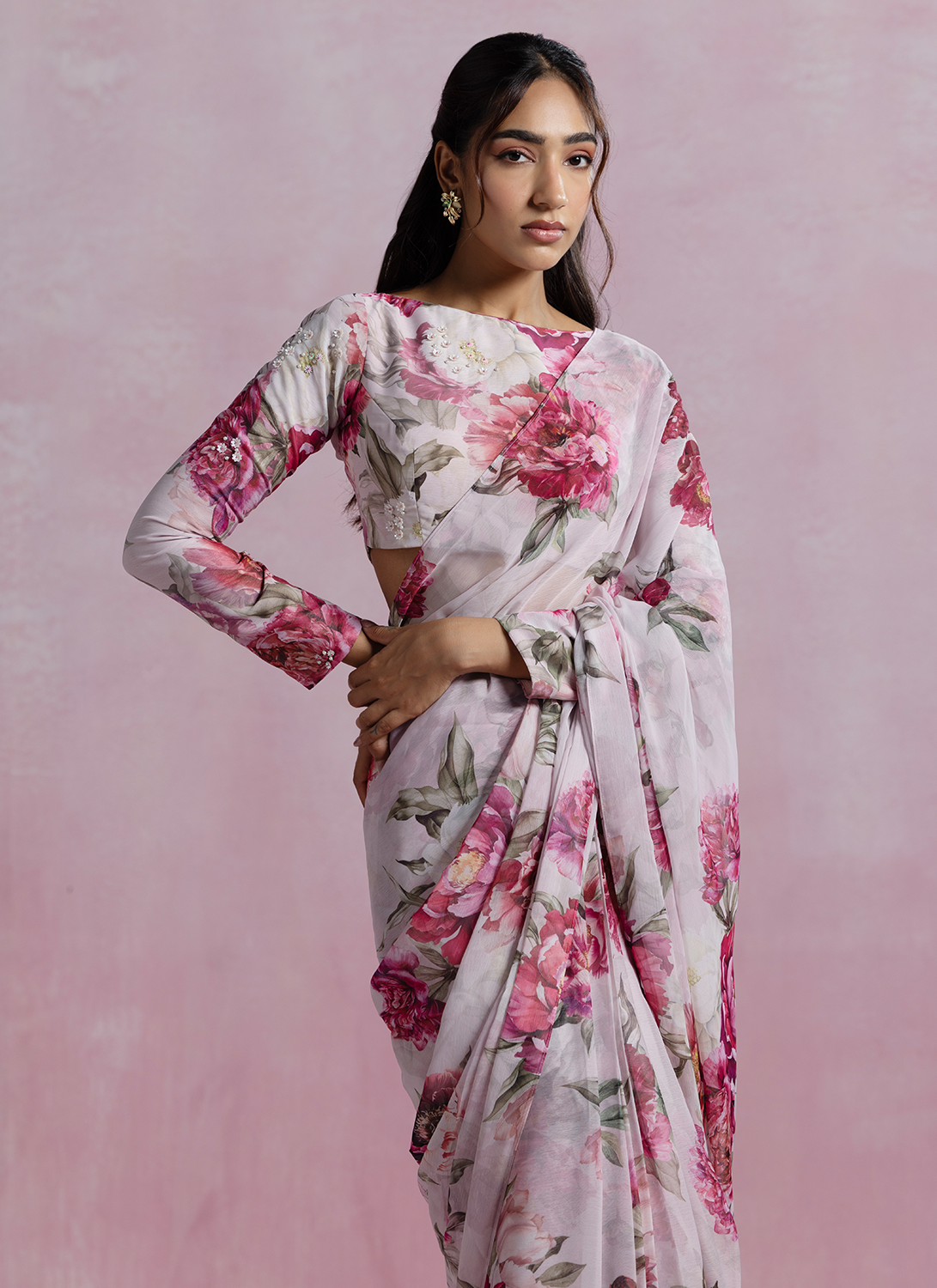Light Pink Floral Printed Chiffon Saree