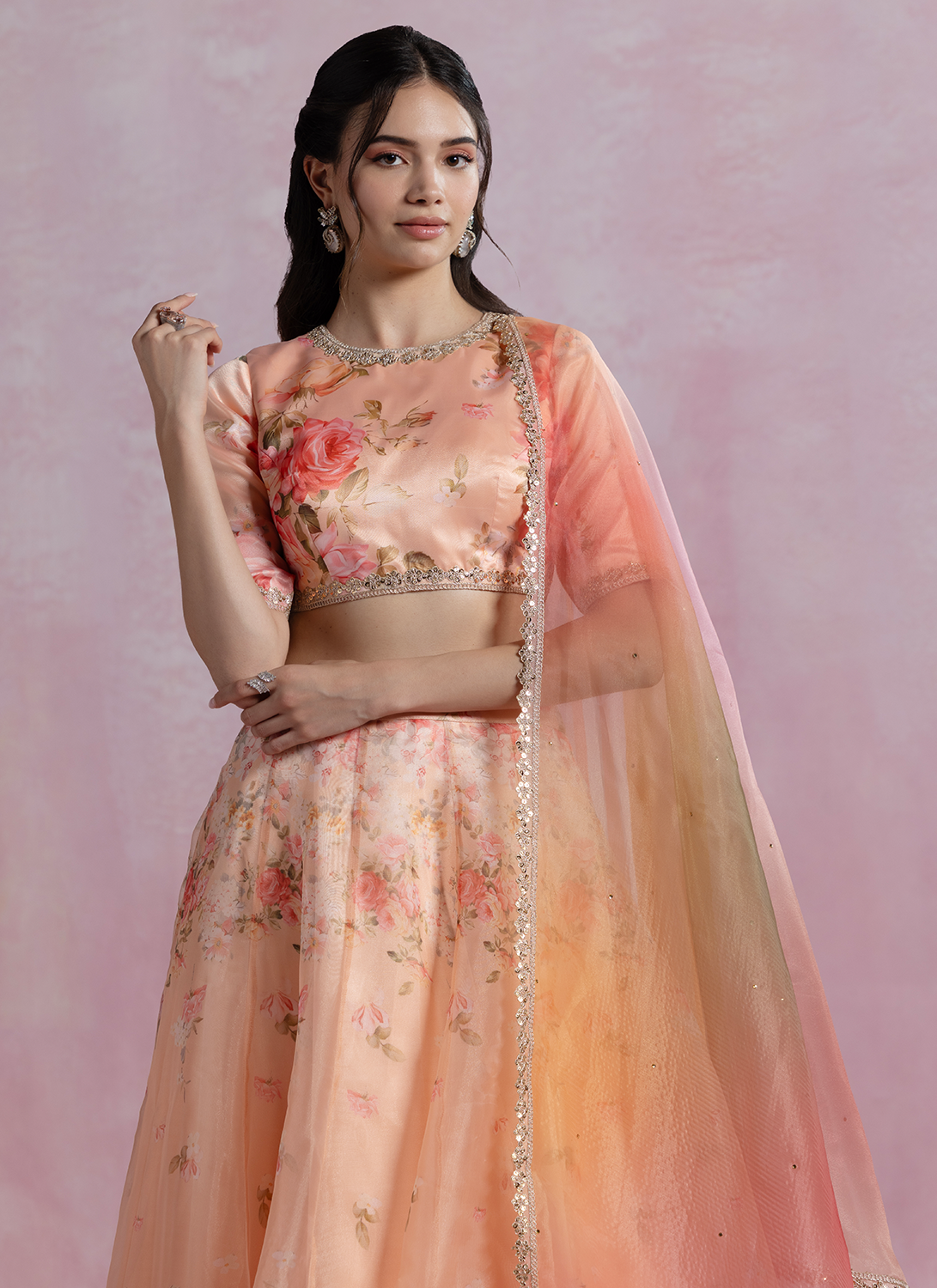 Peach Floral Printed Organza Lehenga