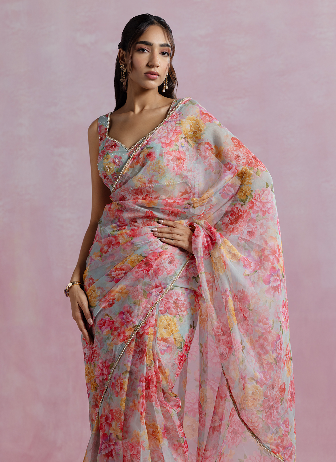 Grey and Peach Floral Printed Organza Saree