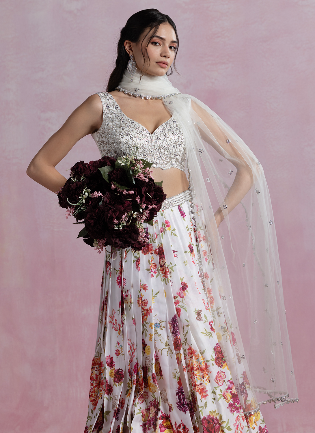 White Floral Printed Modal Satin Lehenga