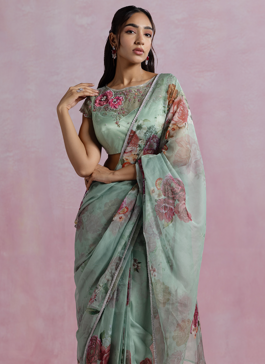 Mint Green Floral Printed Organza Saree