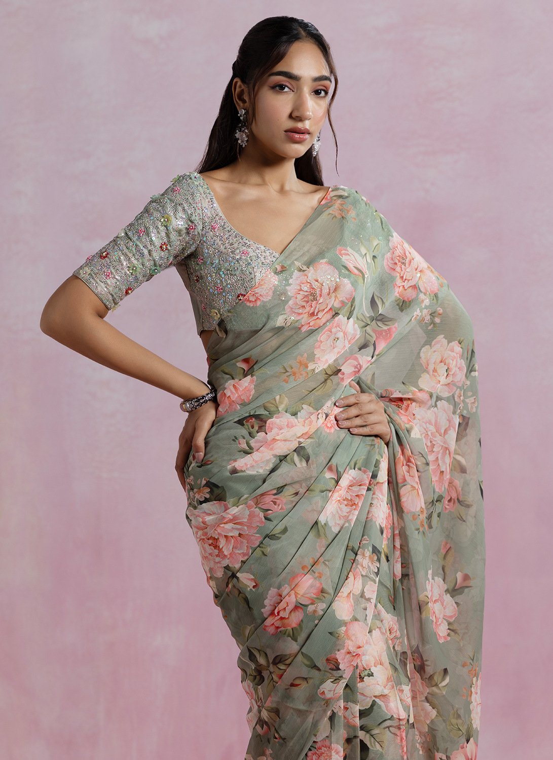 Dusty Green Floral Printed Chiffon Saree