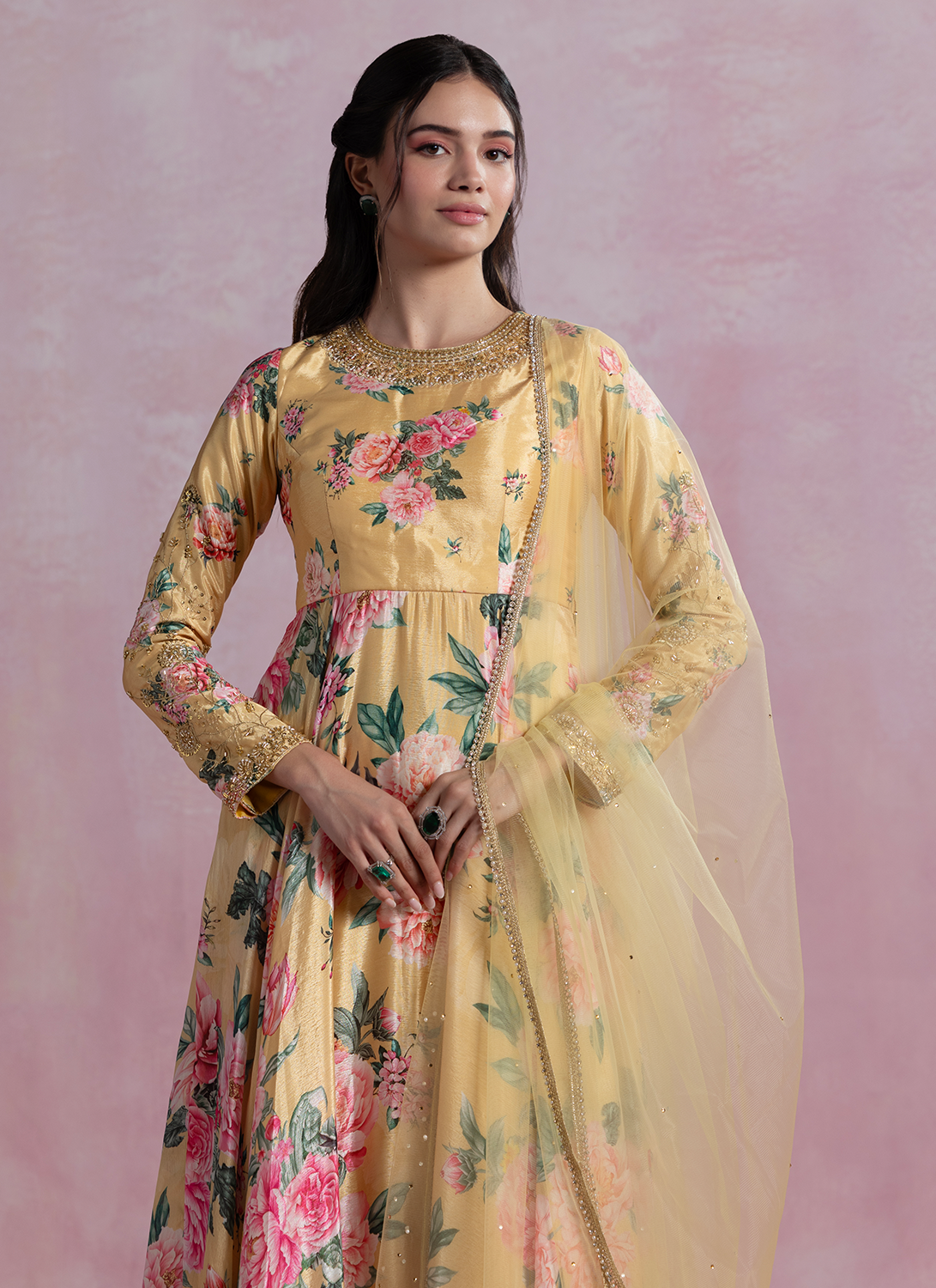 Yellow Floral Printed Chinon Anarkali