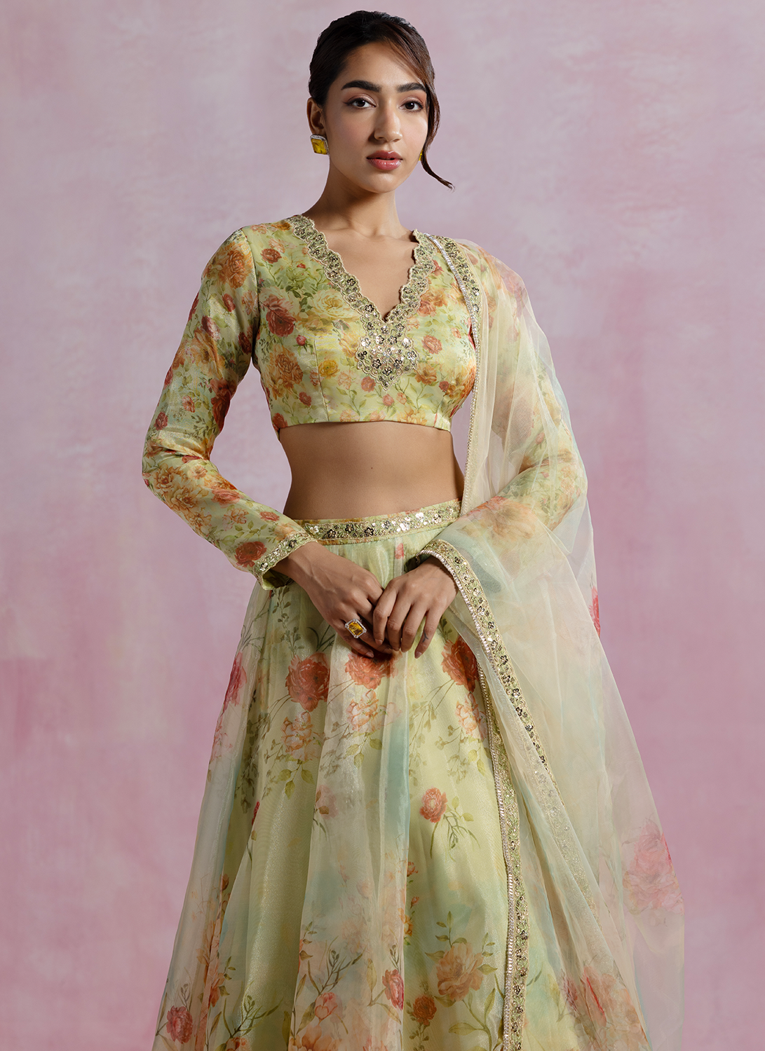 Yellow Floral Printed Organza Lehenga