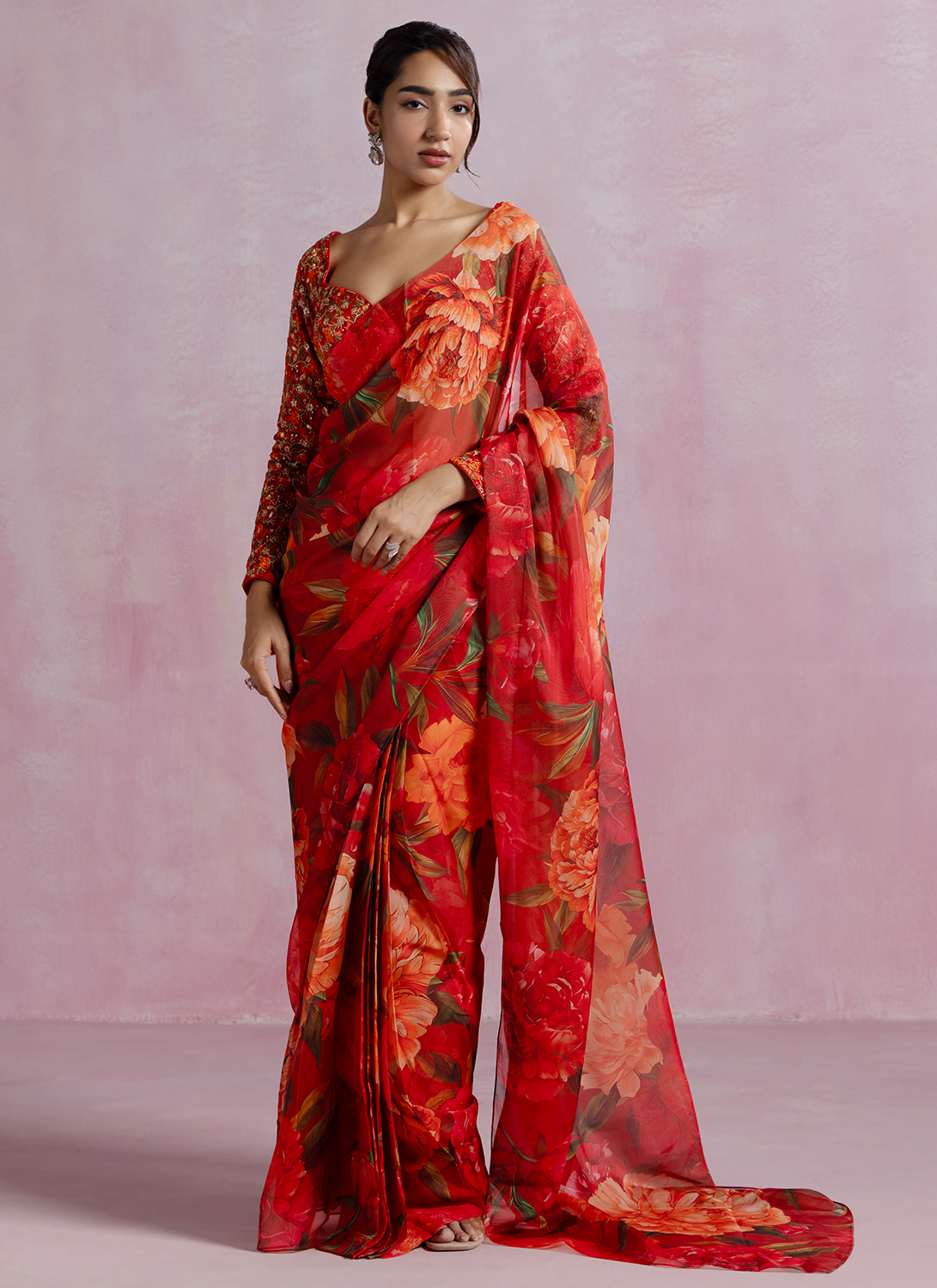 Orange Floral Printed Organza Saree