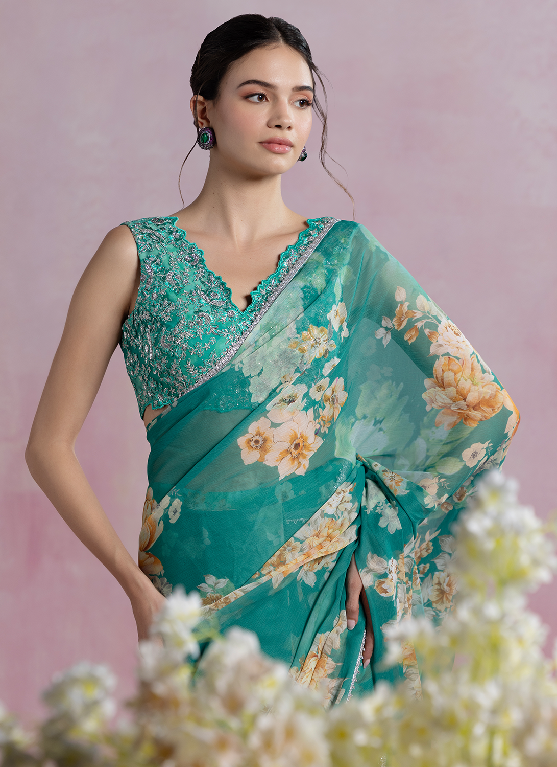 Peacock Green Floral Printed Organza Saree