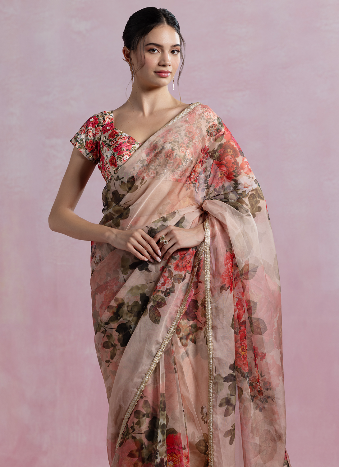 Dusty Peach Floral Printed Organza Saree