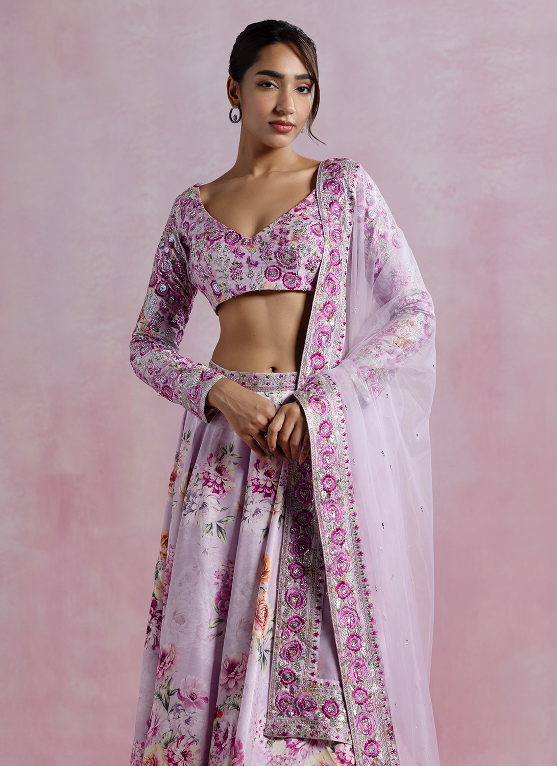 Lavender Floral Printed Modal Satin Lehenga