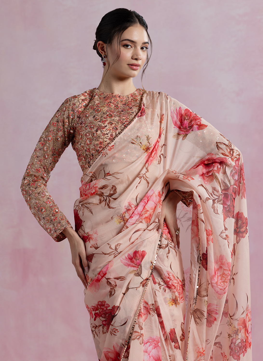 Peach and Brown Floral Printed Organza Saree