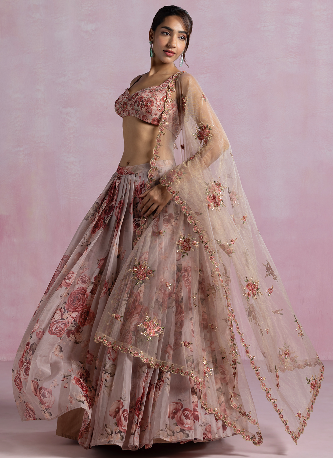 Dusty Mauve Floral Printed Organza Lehenga
