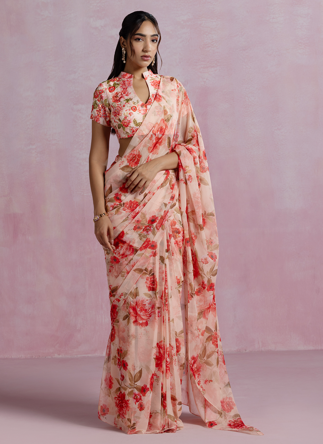 Peach Floral Printed Chiffon Saree