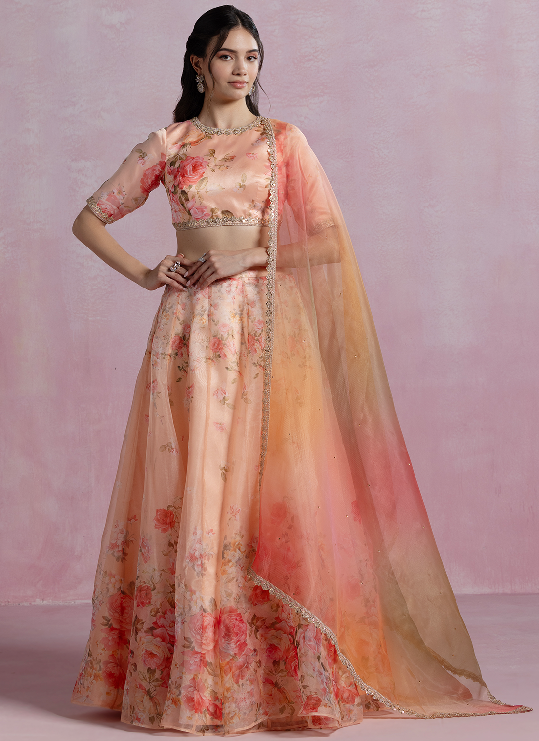 Peach Floral Printed Organza Lehenga