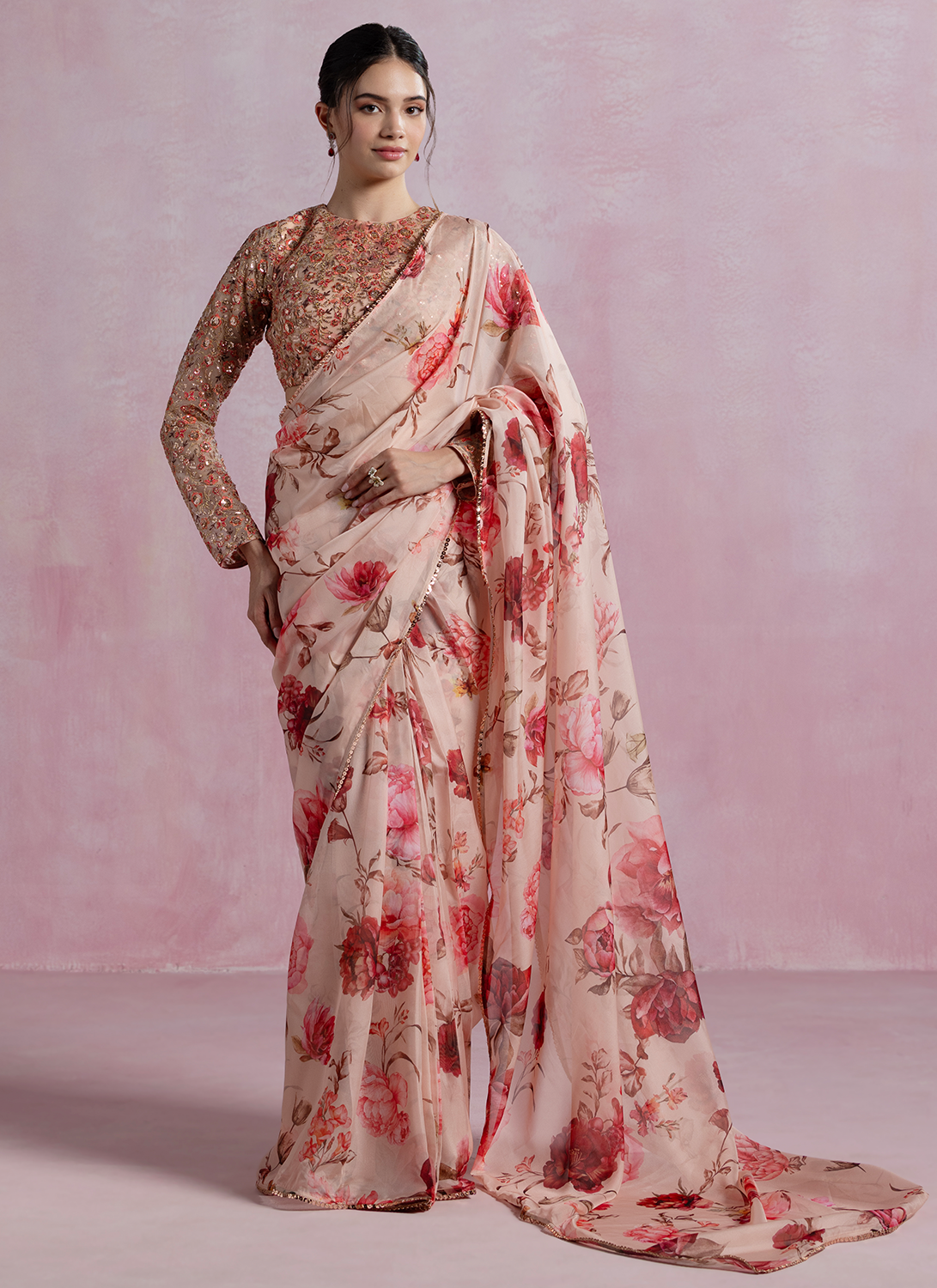 Peach and Brown Floral Printed Organza Saree