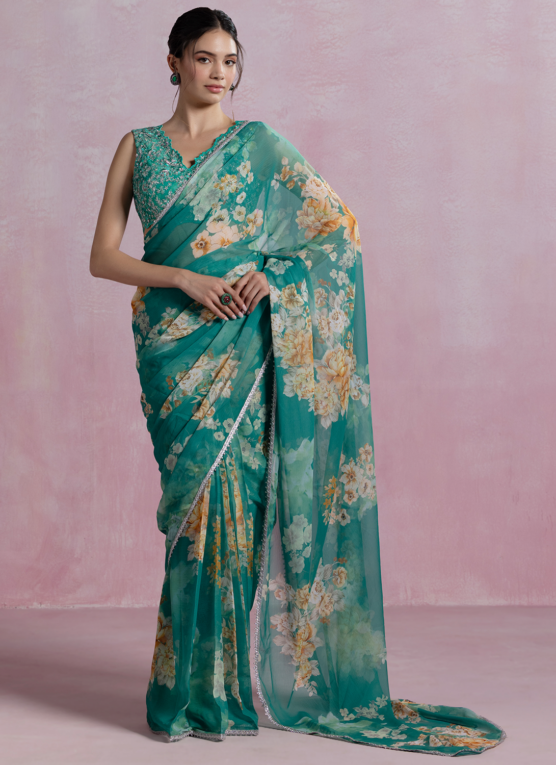 Peacock Green Floral Printed Organza Saree