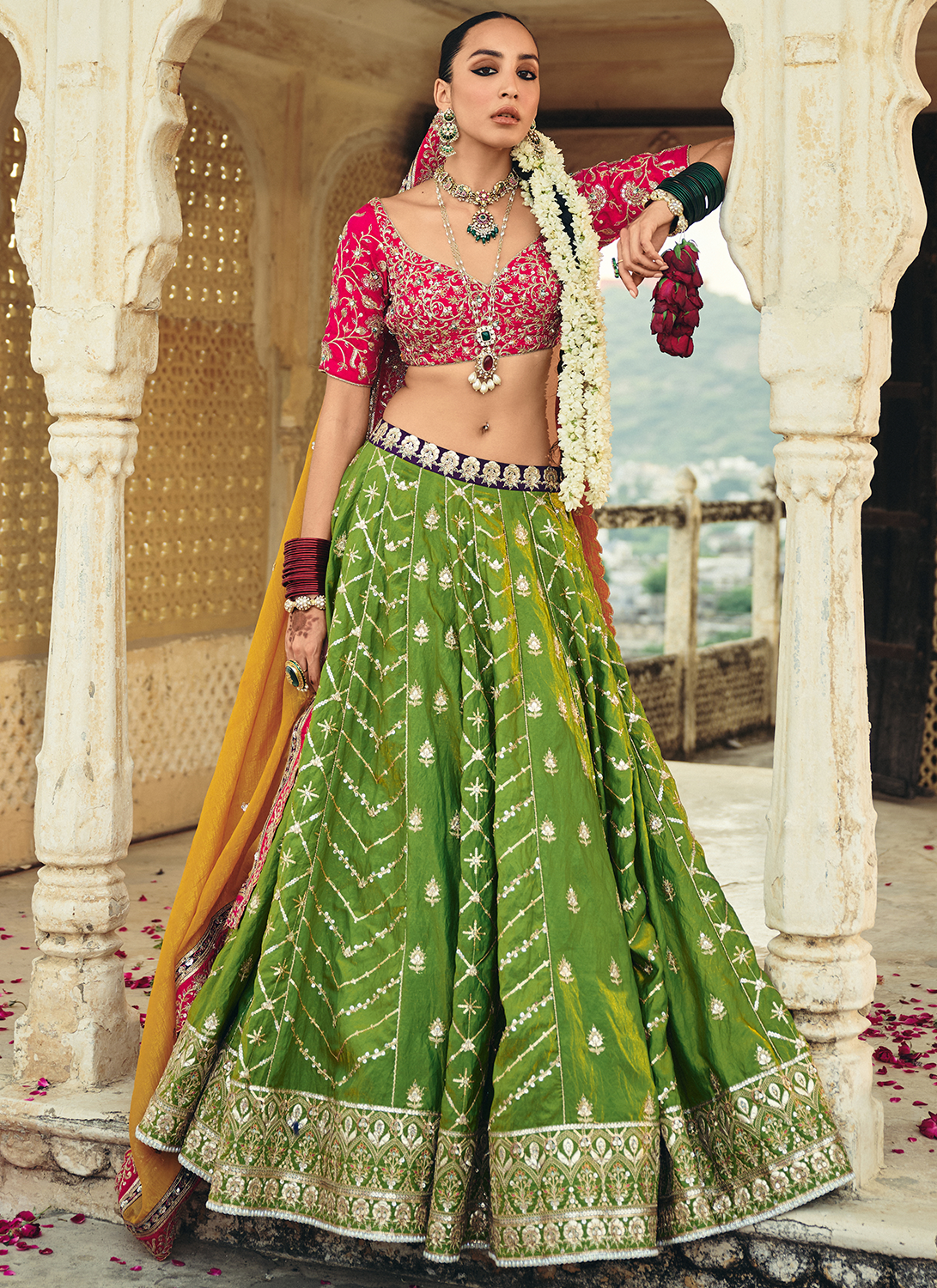 Pink and Green Embroidered Tissue Lehenga