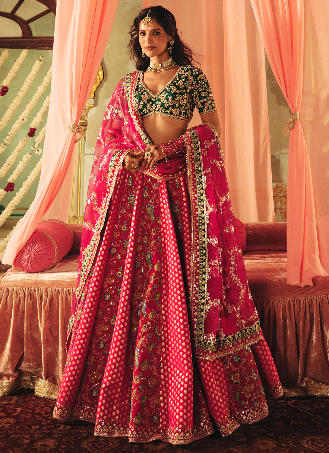 Pink and Green Embroidered Silk Lehenga