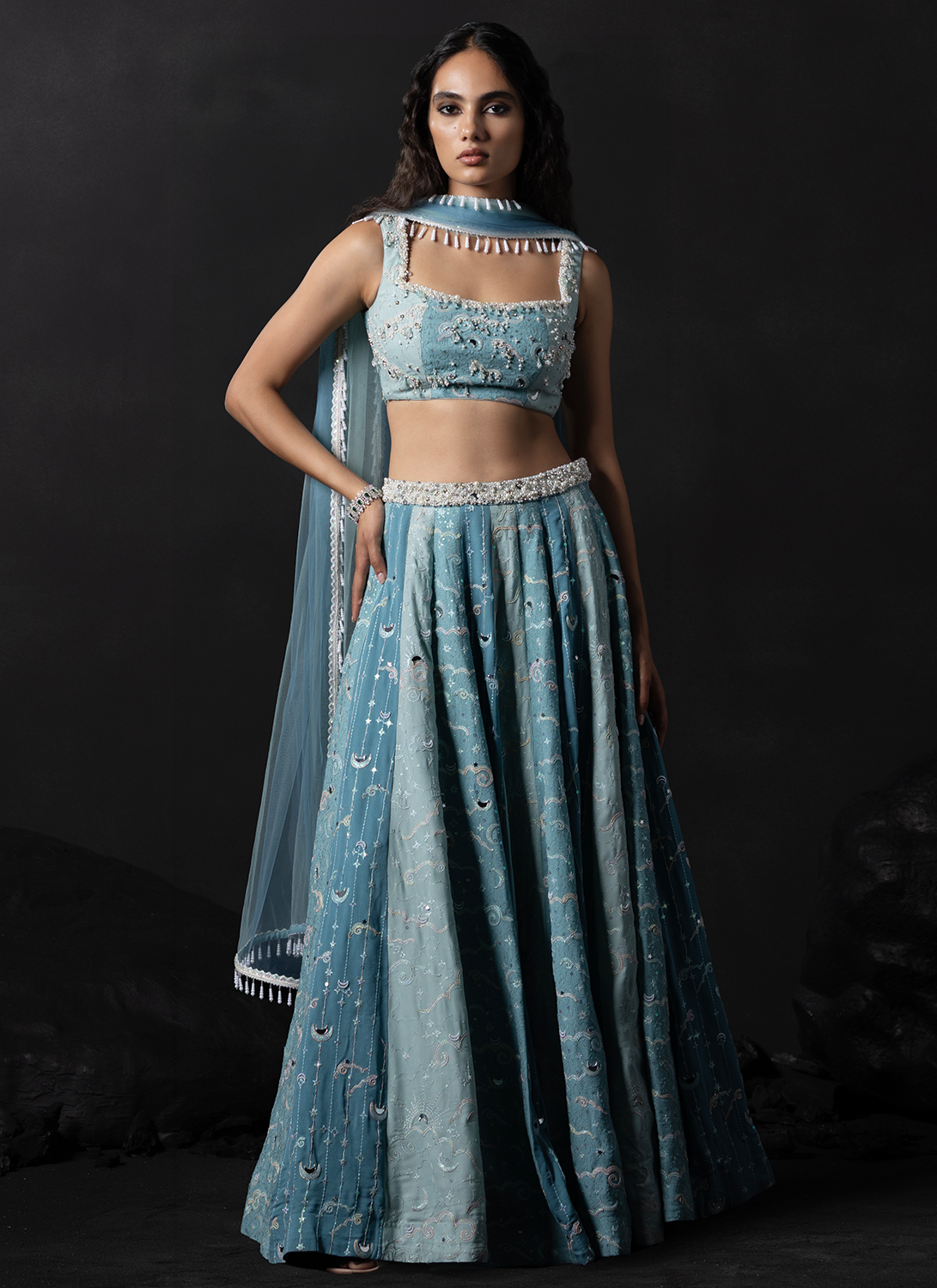 Powder Blue Embroidered Georgette Lehenga