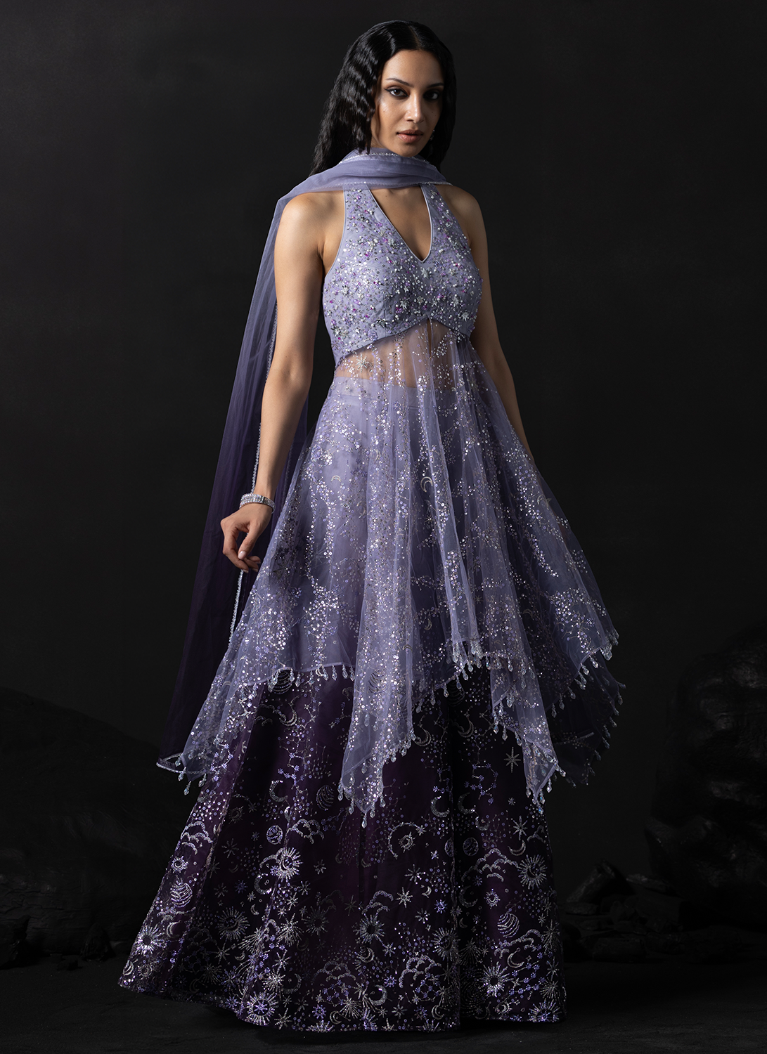 Purple Embroidered Net Sharara