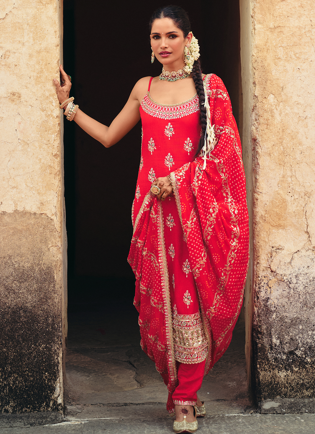 Red Embroidered Silk Pant Suit