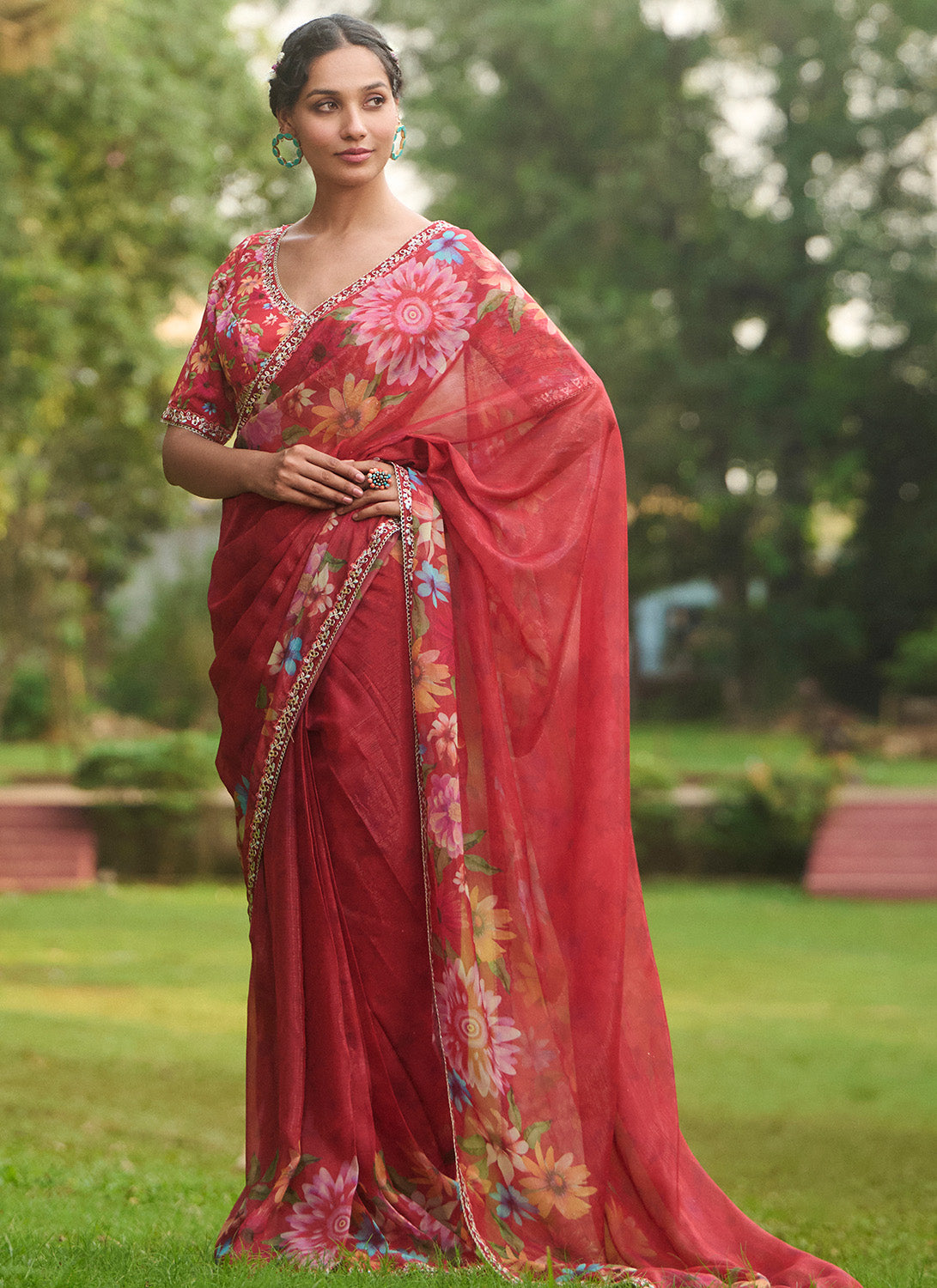 Red Multicolor Floral Embroidered Saree