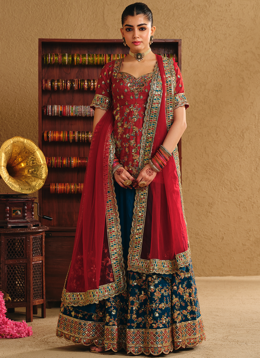 Red and Blue Embroidered Viscose Silk Kurti Style Lehenga