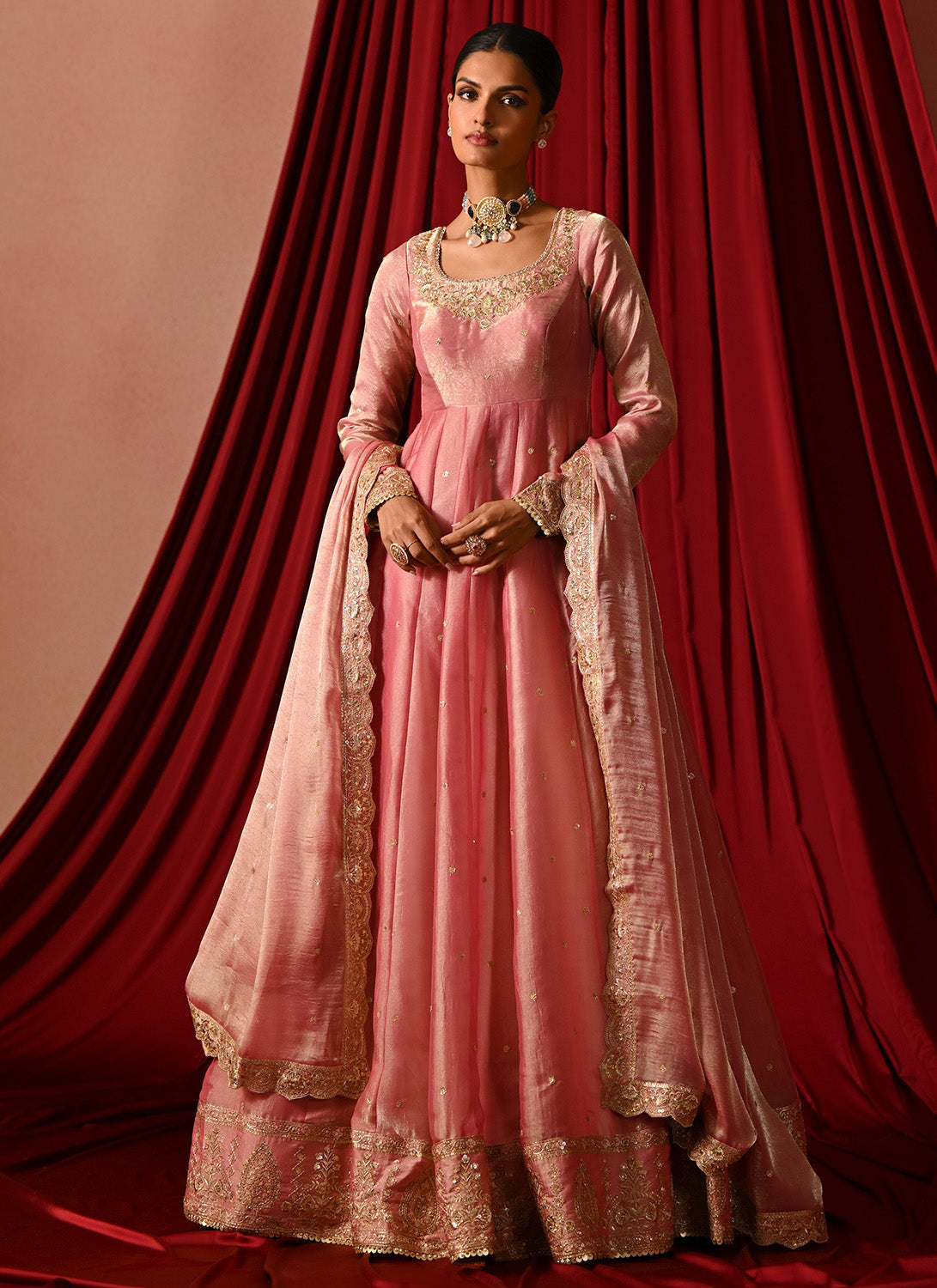 Rose Pink Embroidered Satin Anarkali