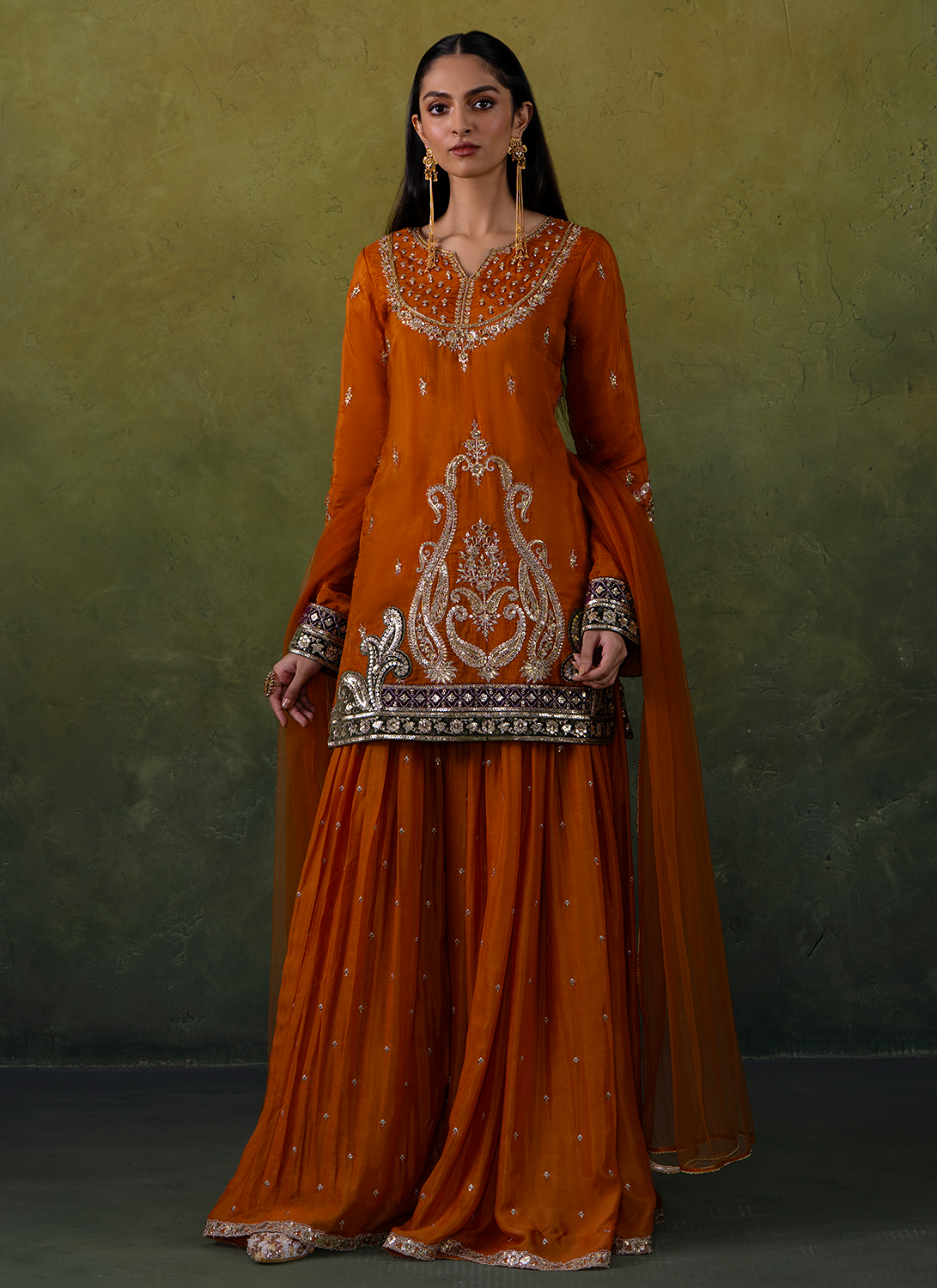 Rust Orange Embroidered Organza Sharara Suit