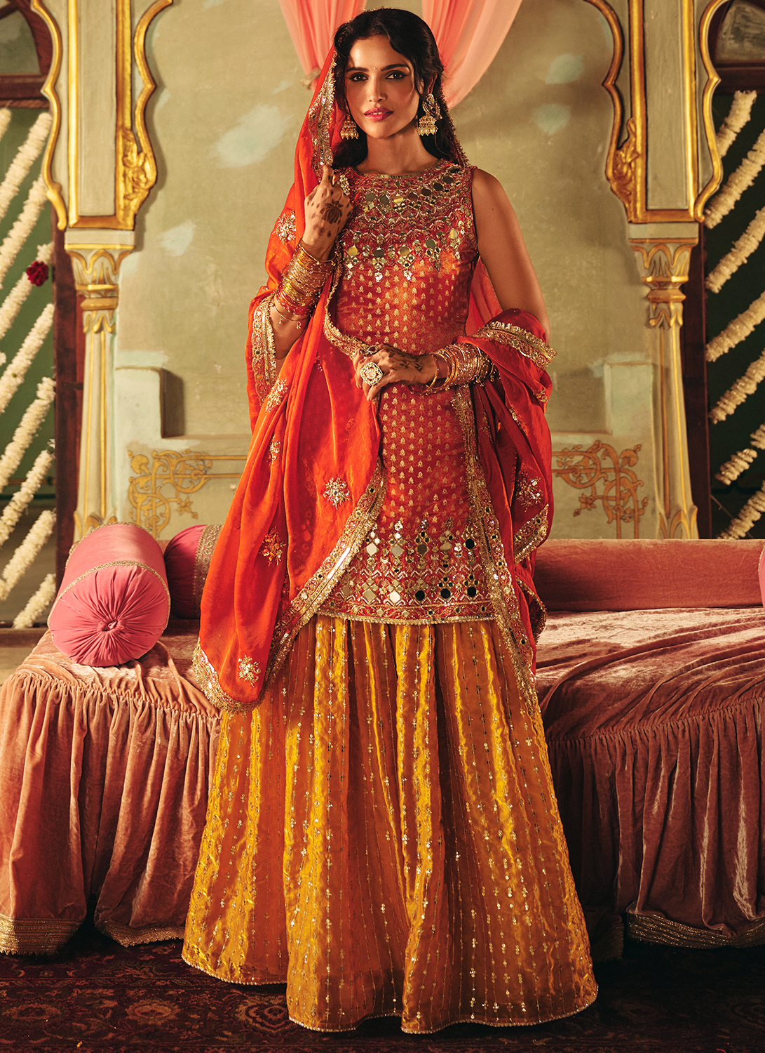 Rust and Mustard Embroidered Brocade Sharara