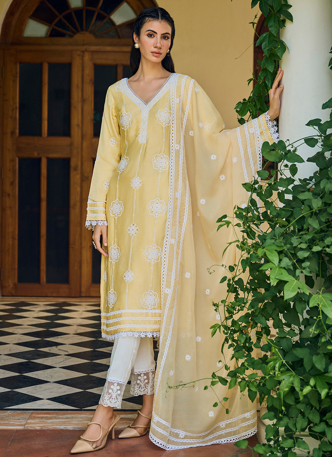 Yellow Embroidered Cotton Straight Suit