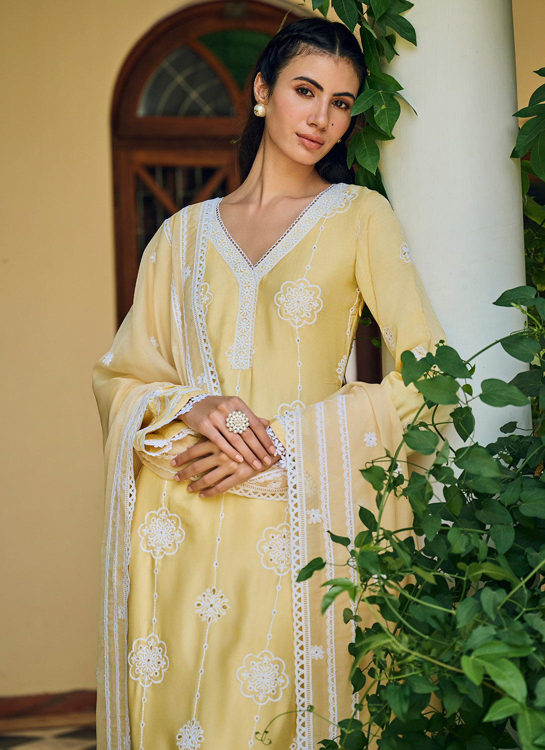 Yellow Embroidered Cotton Straight Suit