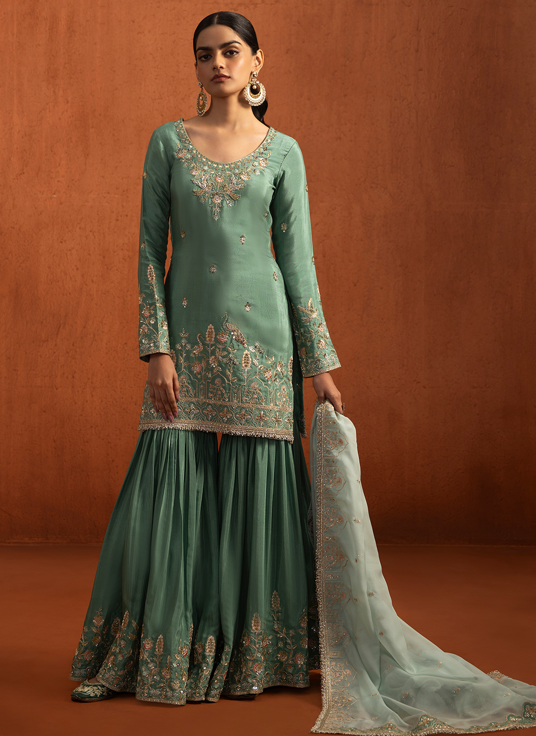 Sea Green Embroidered Viscose Silk Gharara Suit