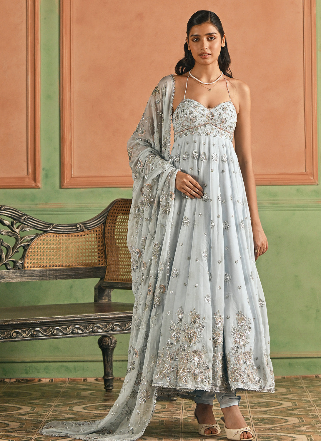 Sky Blue Embroidered Organza Anarkali