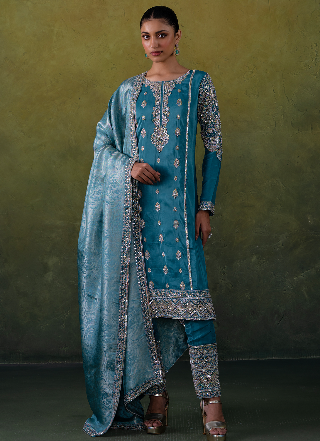 Teal Blue Embroidered Organza Straight Suit