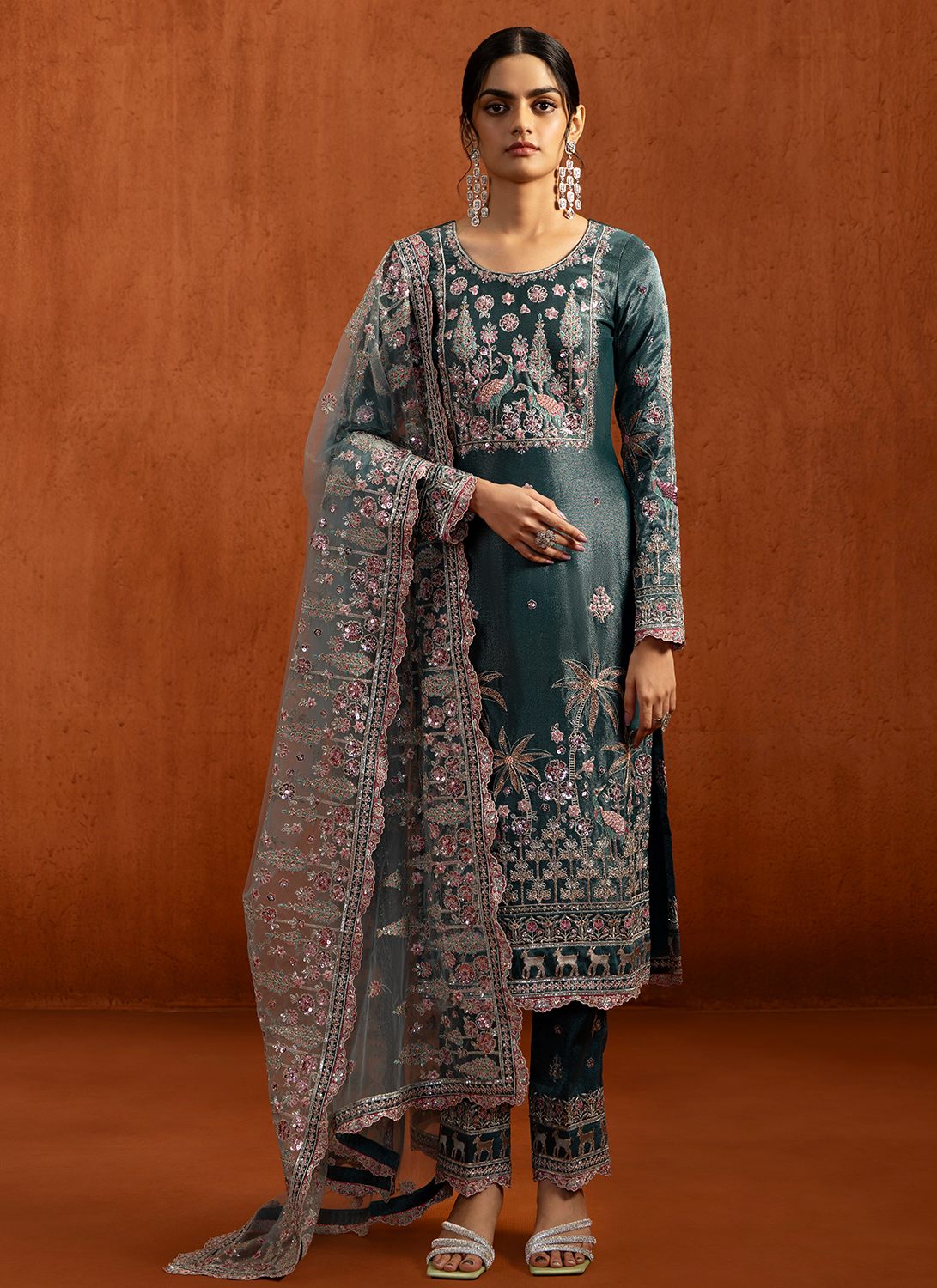 Teal Blue Embroidered Viscose Tissue Pant Suit