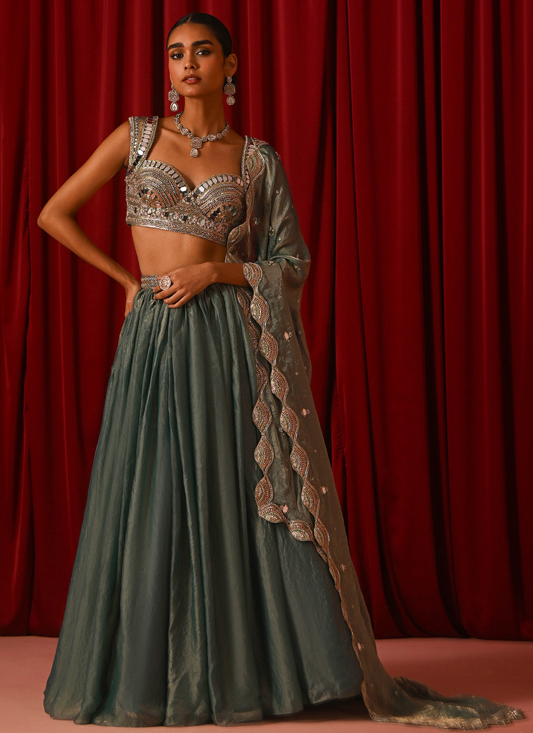 Teal Green Embroidered Satin Lehenga