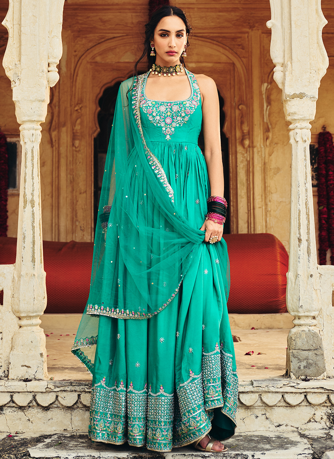Turquoise Blue Embroidered Viscose Silk Anarkali