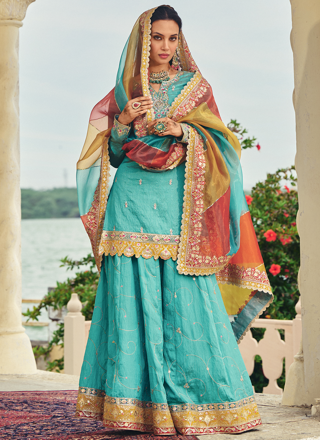 Turquoise Embroidered Silk Sharara