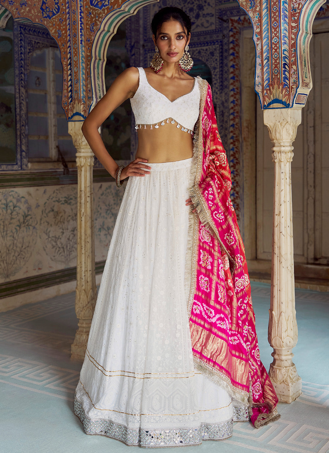 White Embroidered Lucknowi Lehenga With Pure Bandhani Dupatta