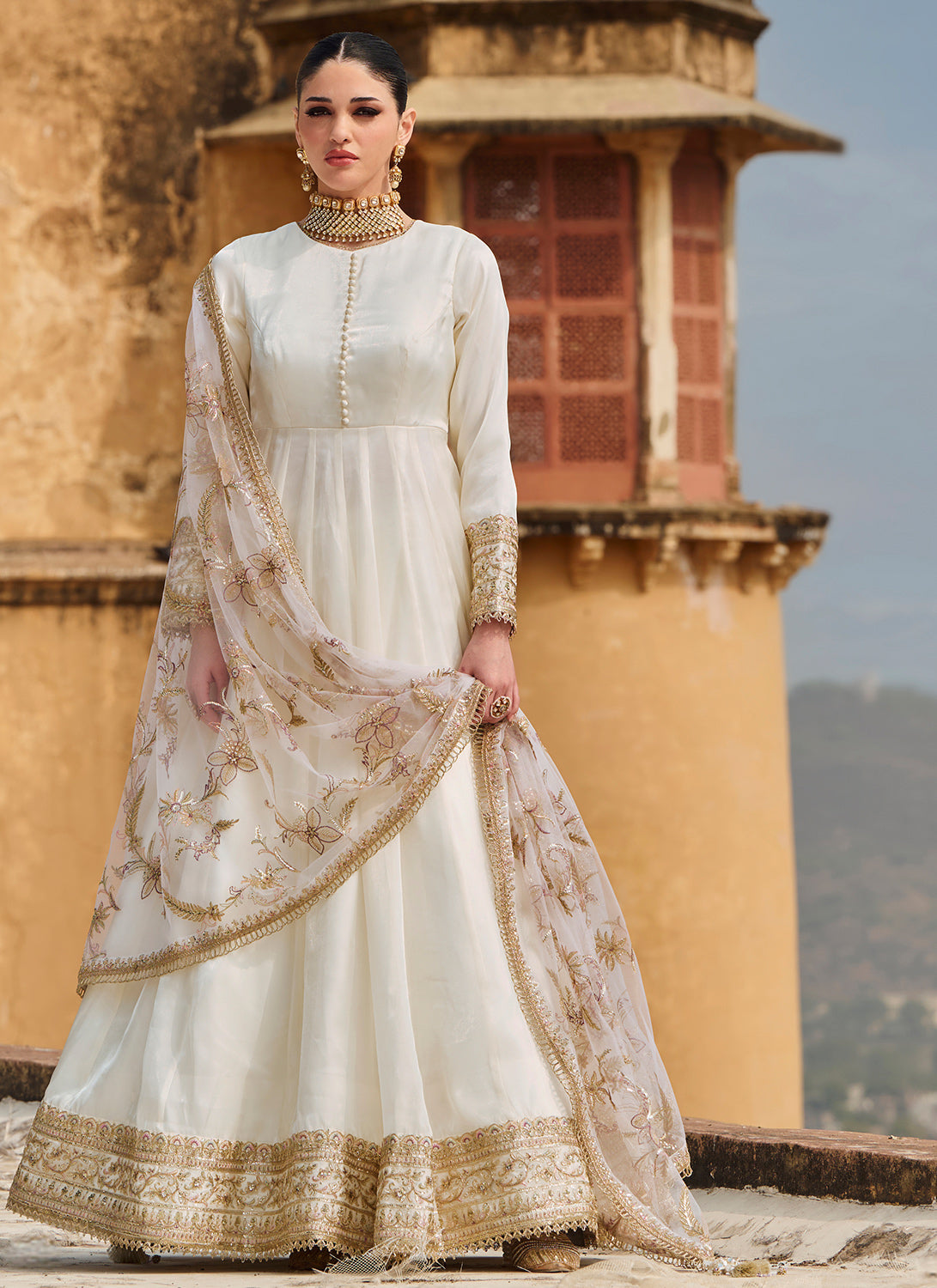 White And Golden Anarkali Dress White Embroidered Organza Anarkali