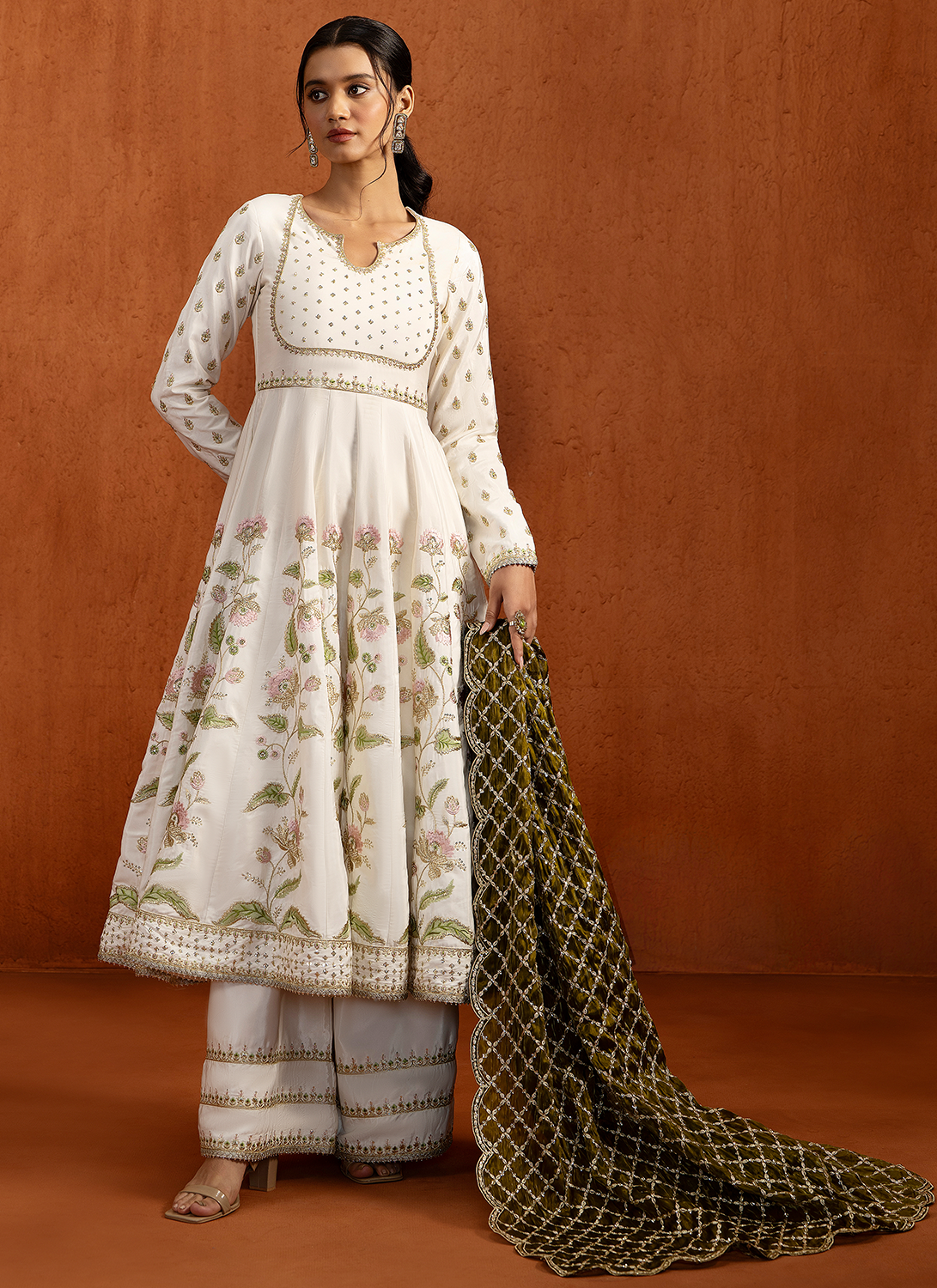 White and Olive Embroidered Anarkali Style Palazzo