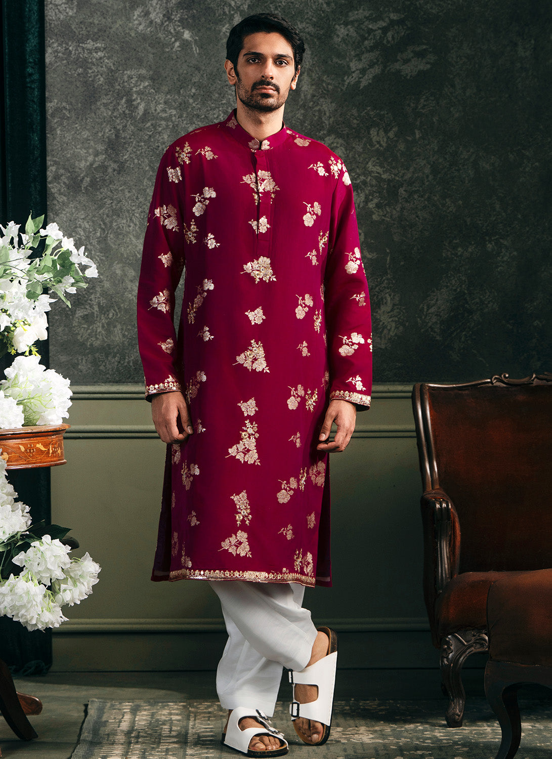 Wine Embroidered Brocade Kurta Set