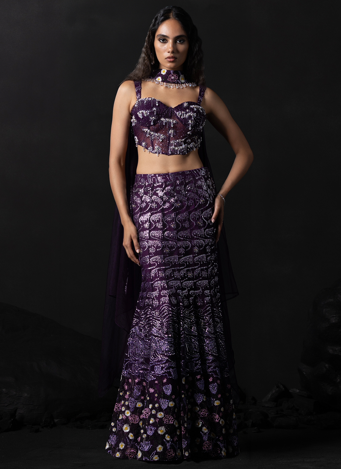 Wine Embroidered Net Lehenga