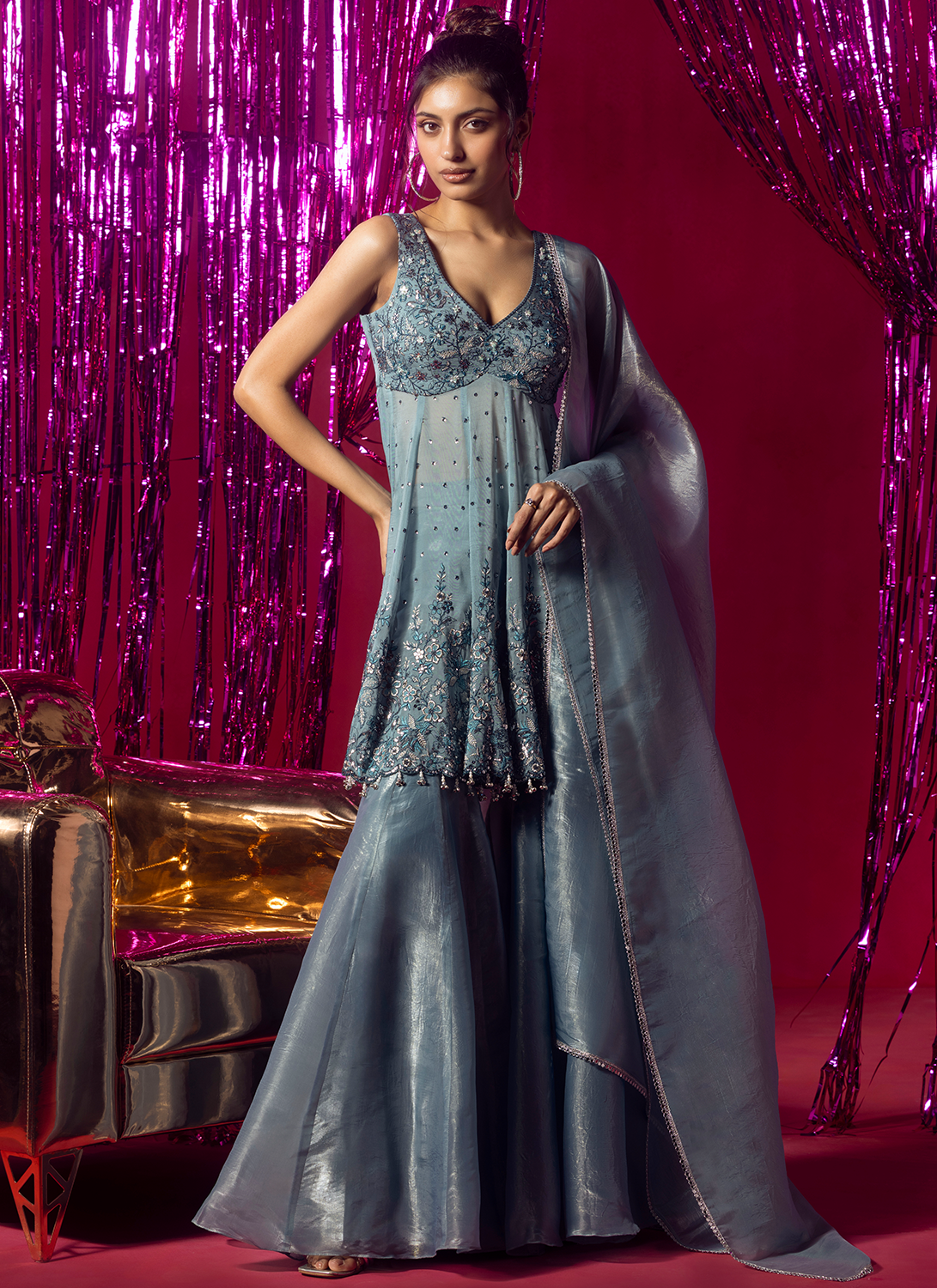 Dusty Blue Embroidered Organza Sharara