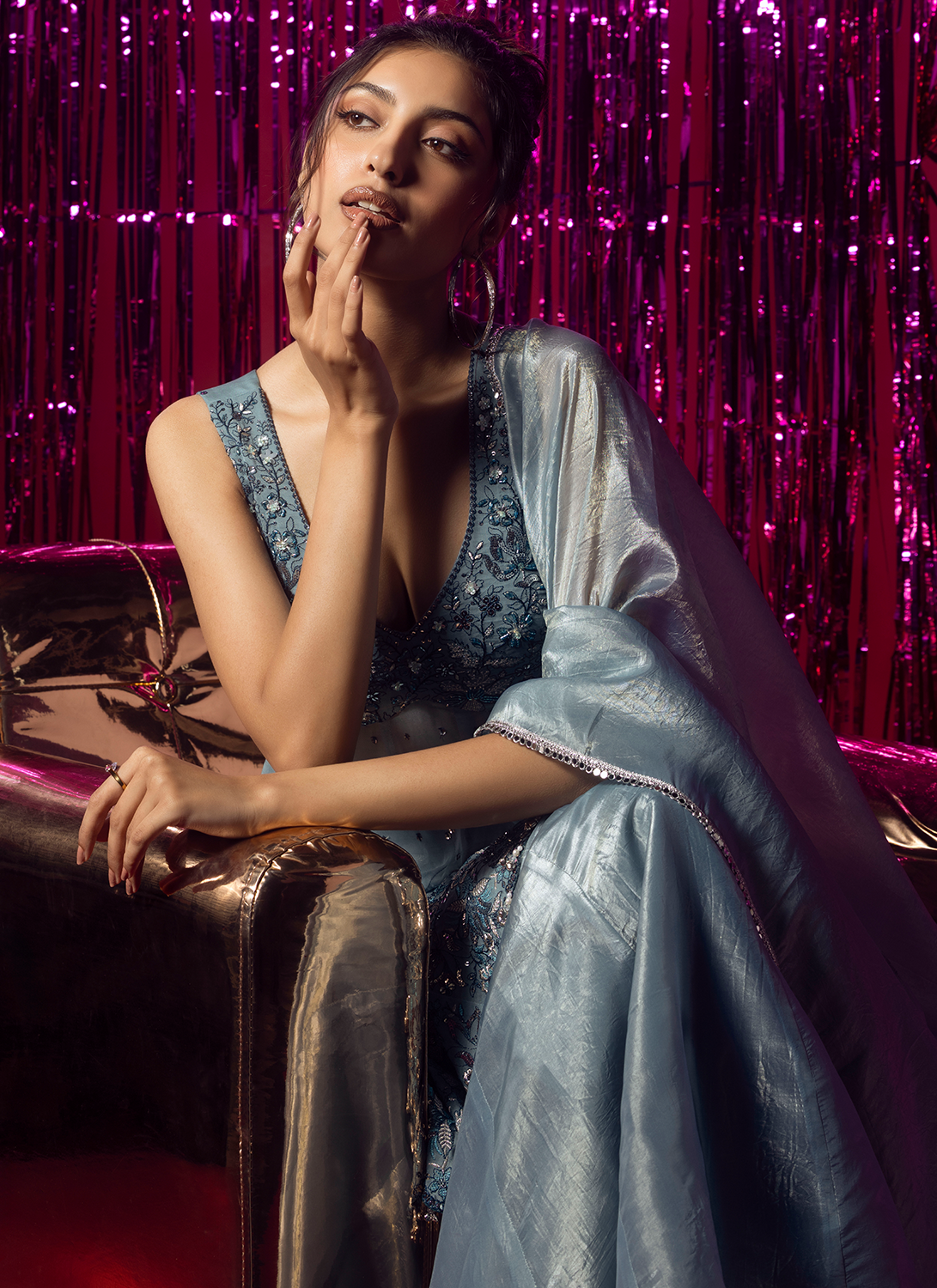 Dusty Blue Embroidered Organza Sharara