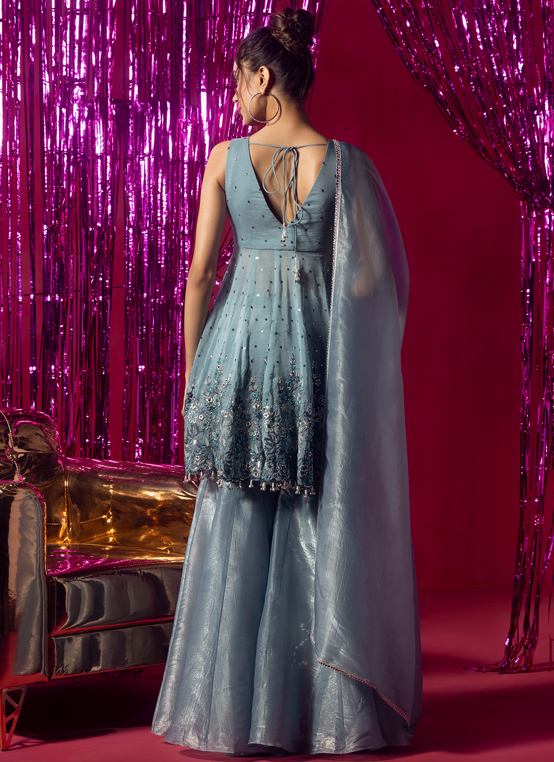 Dusty Blue Embroidered Organza Sharara
