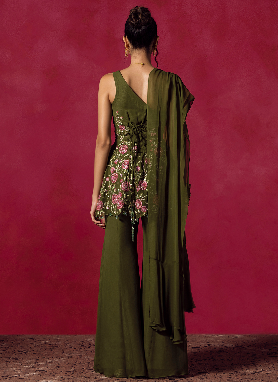 Olive Green Embroidered Viscose Georgette Pant Suit