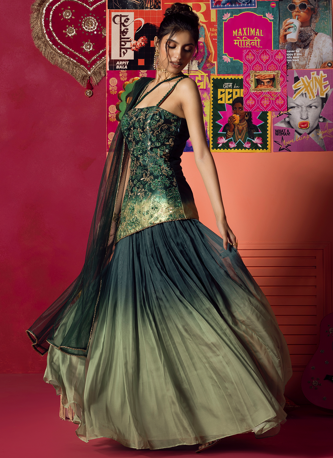 Green Ombre Embroidered Silk Lehenga