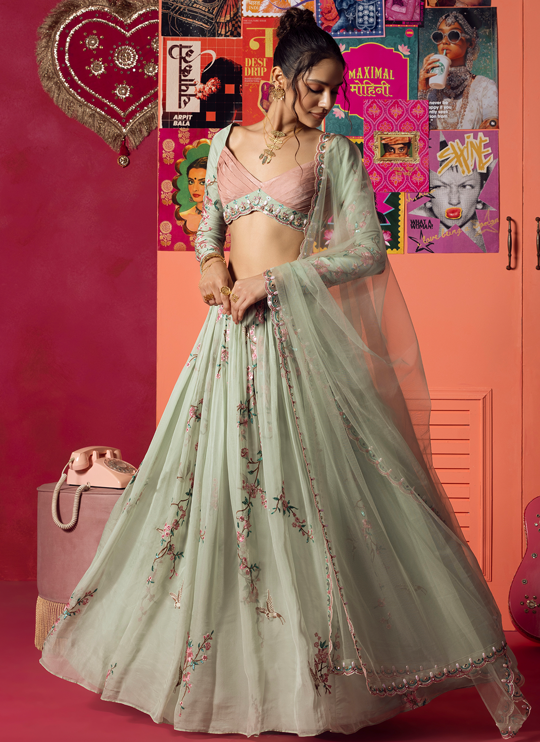 Mint Green Embroidered Organza Lehenga