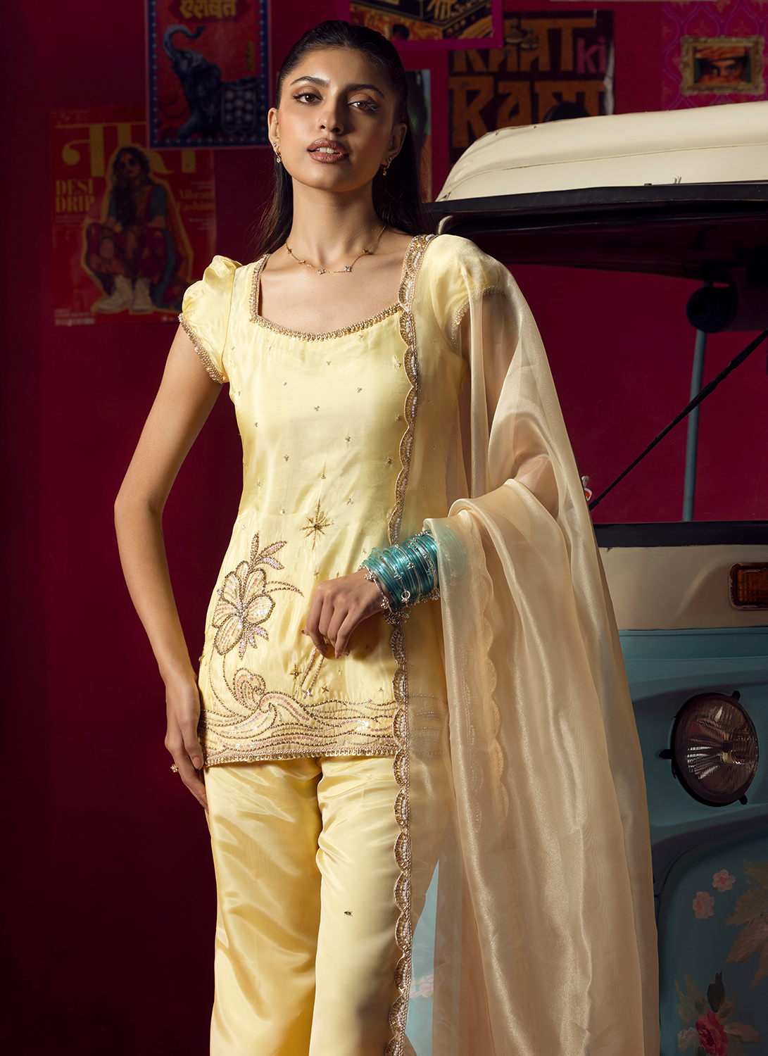 Yellow Embroidered Gold Silk Pant Suit